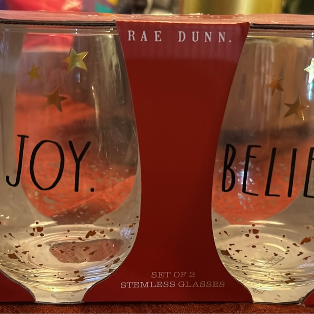 Rae Dunn JOY and BELIEVE Stemless Glass Set
